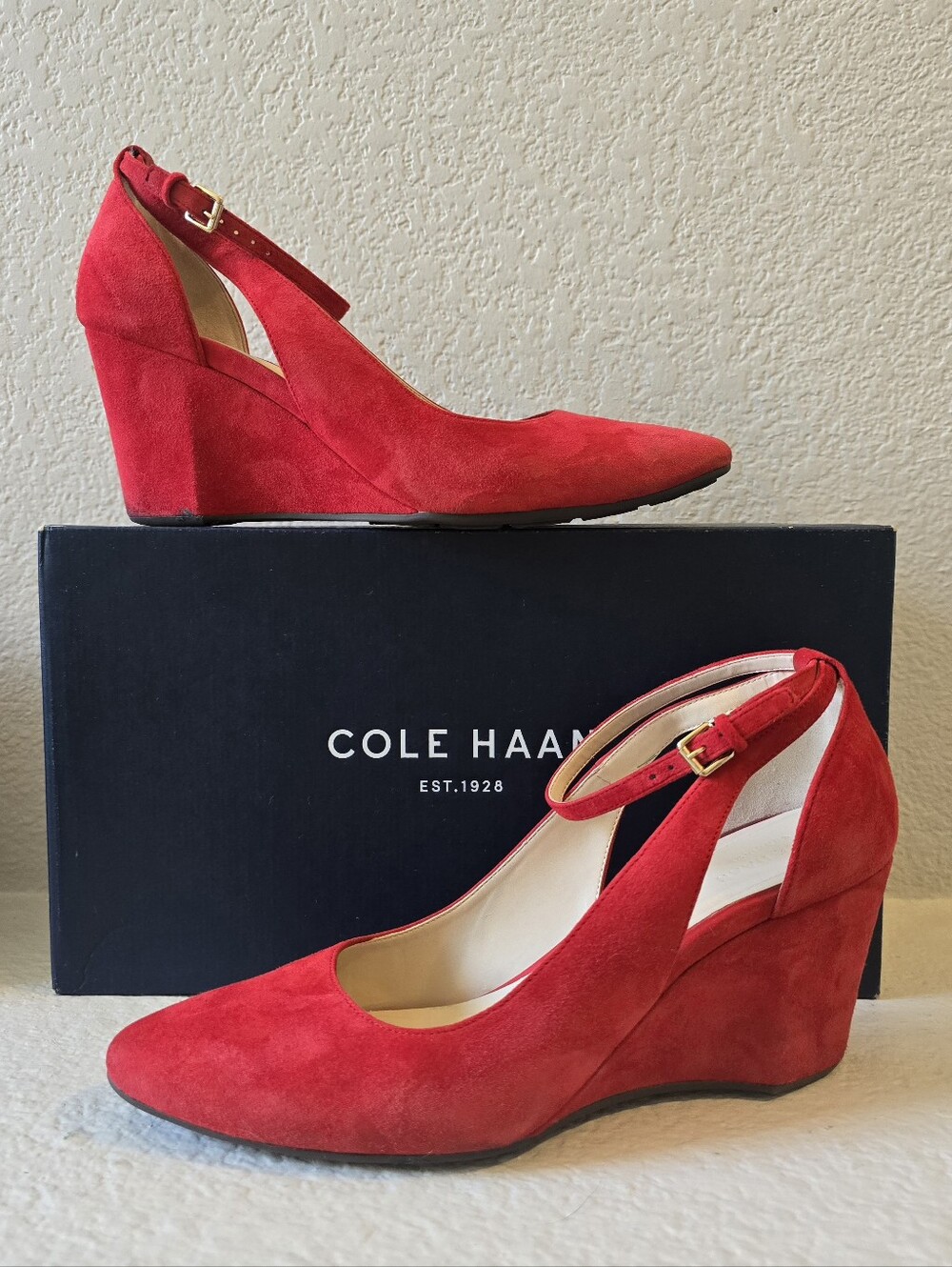 Cole Haan Red Suede Ankle-Strap Wedge Pumps